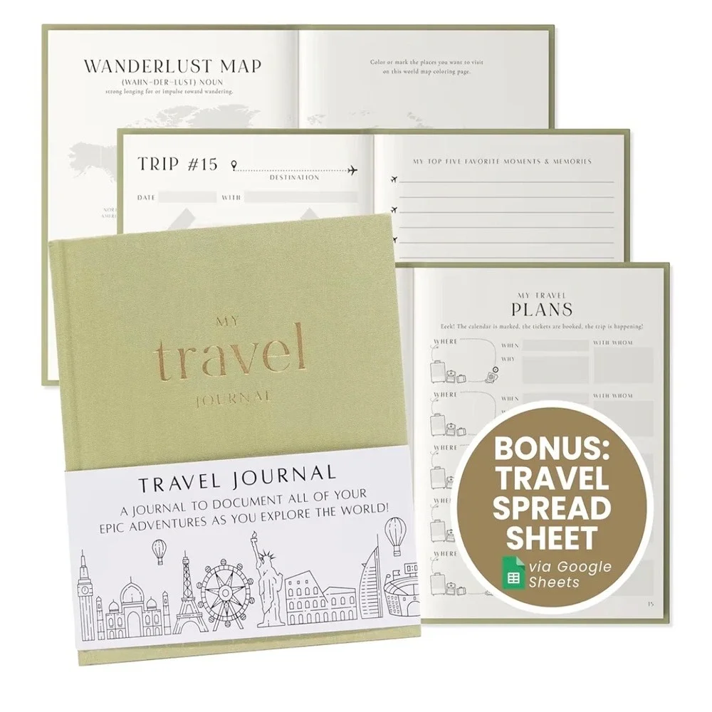 My Travel Journal Sage Green Linen Hardcover Guided Planner 200+ Pages 9x7.5 NEW